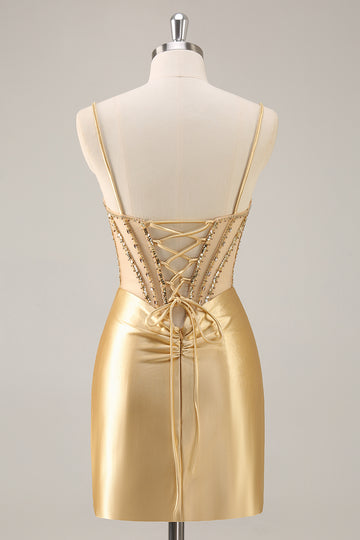Golden Corset Bodycon Tight Beaded Short Homecoming Dress
